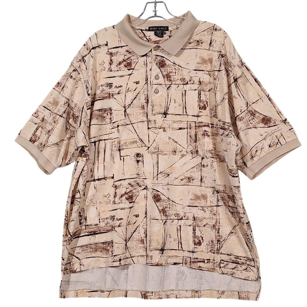 Vintage Nike Golf Polo Shirt Mens XL Beige Brown Abstract Geometric Print Retro